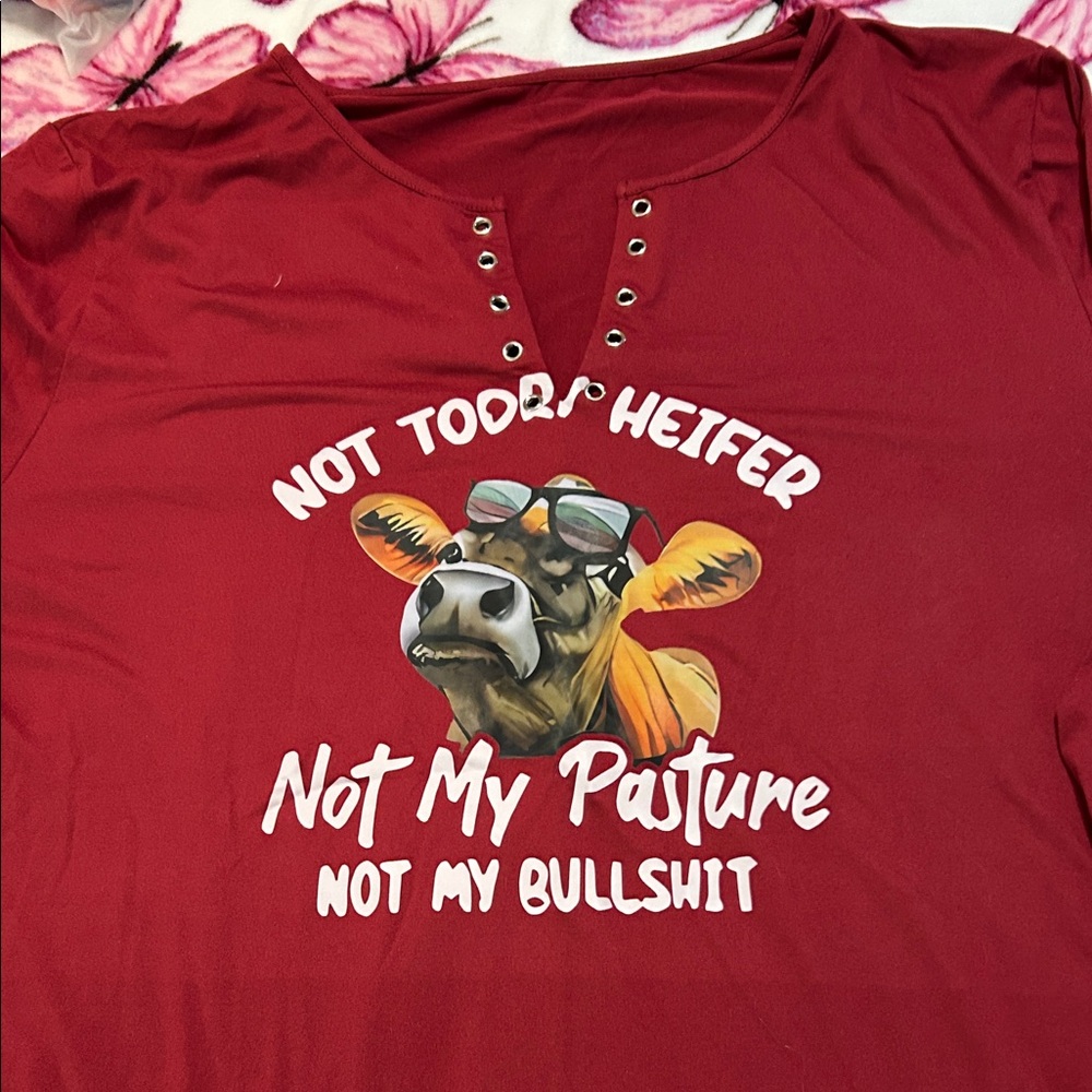 Red Graphic Tee with Cow Print